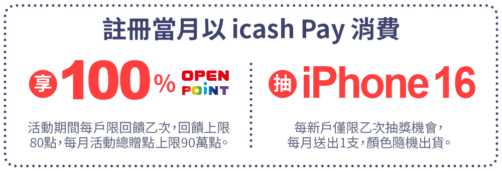 註冊當月以 icash Pay 消費 享100% OPENPOINT 或 抽iPhone 16